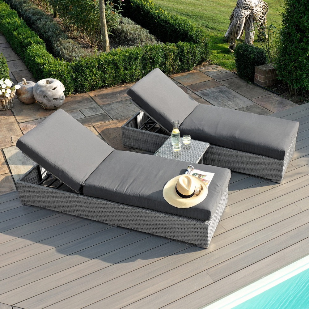 Maze Rattan Ascot Grey Rattan Sun Lounger Set Crown French Furniture